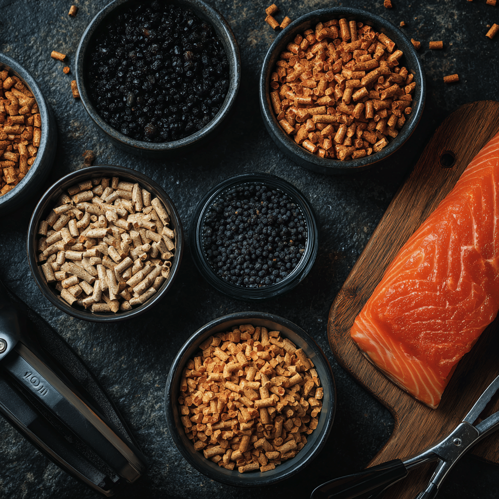 Best wood pellets for smoking salmon arranged beside a salmon fillet