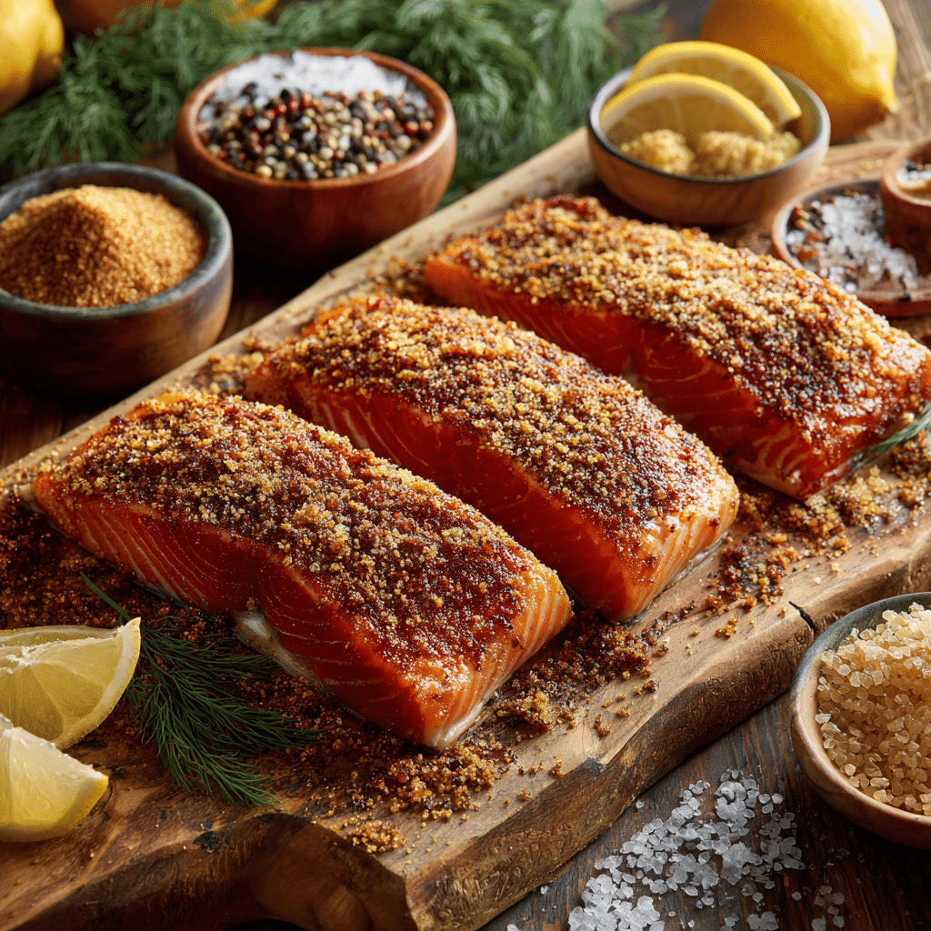 brown sugar smoked salmon rub on raw salmon fillet