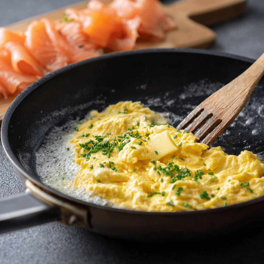 cooking scrambled eggs for smoked salmon egg wrap