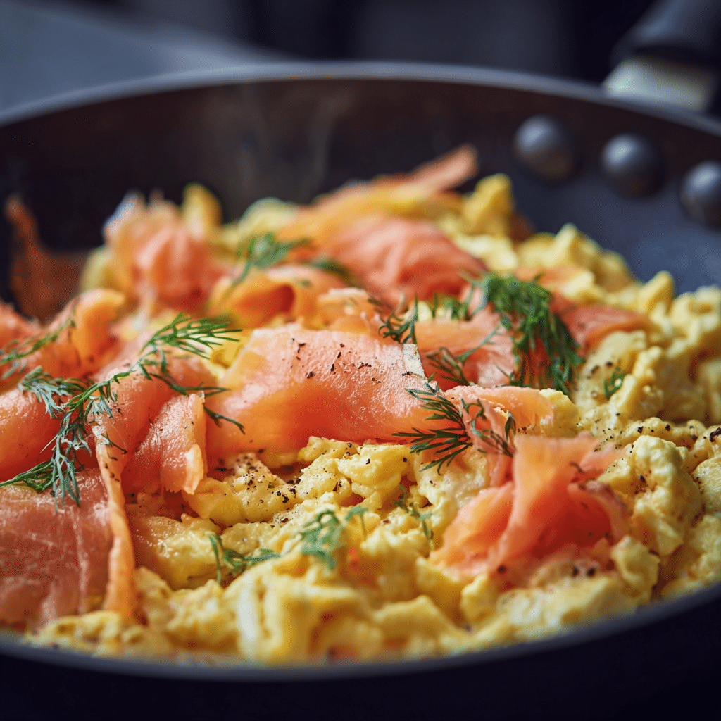 Smoked Salmon Scrambled Eggs with Lemon & Dill — A Bright, Flavorful Morning Dish 4 cooking smoked salmon lemon dill eggs in a skillet