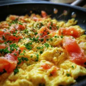 Cooking smoked salmon sour cream scrambled eggs in a pan