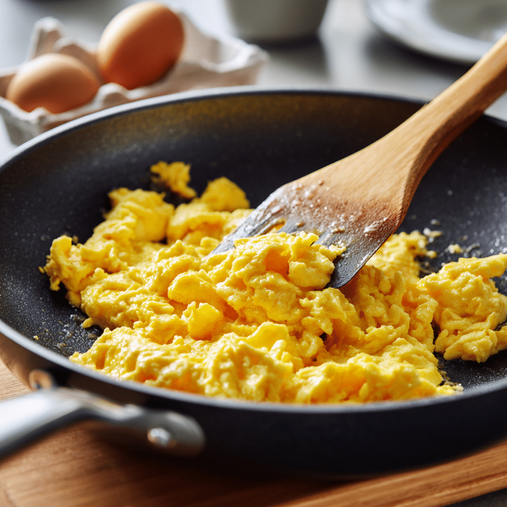 creamy scrambled eggs cooking in a pan for smoked salmon toast