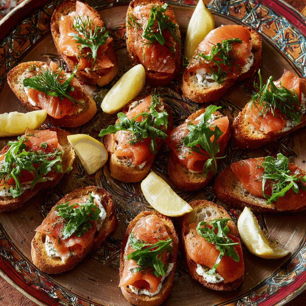 Easy Smoked Salmon Crostini: The Elegant Appetizer Anyone Can Make 5 platter of easy smoked salmon crostini garnished with lemon and dill