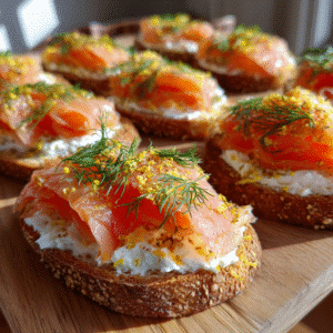 Easy Smoked Salmon Crostini: The Elegant Appetizer Anyone Can Make 2 easy smoked salmon crostini on wooden serving tray topped with cream cheese, dill, and lemon zest