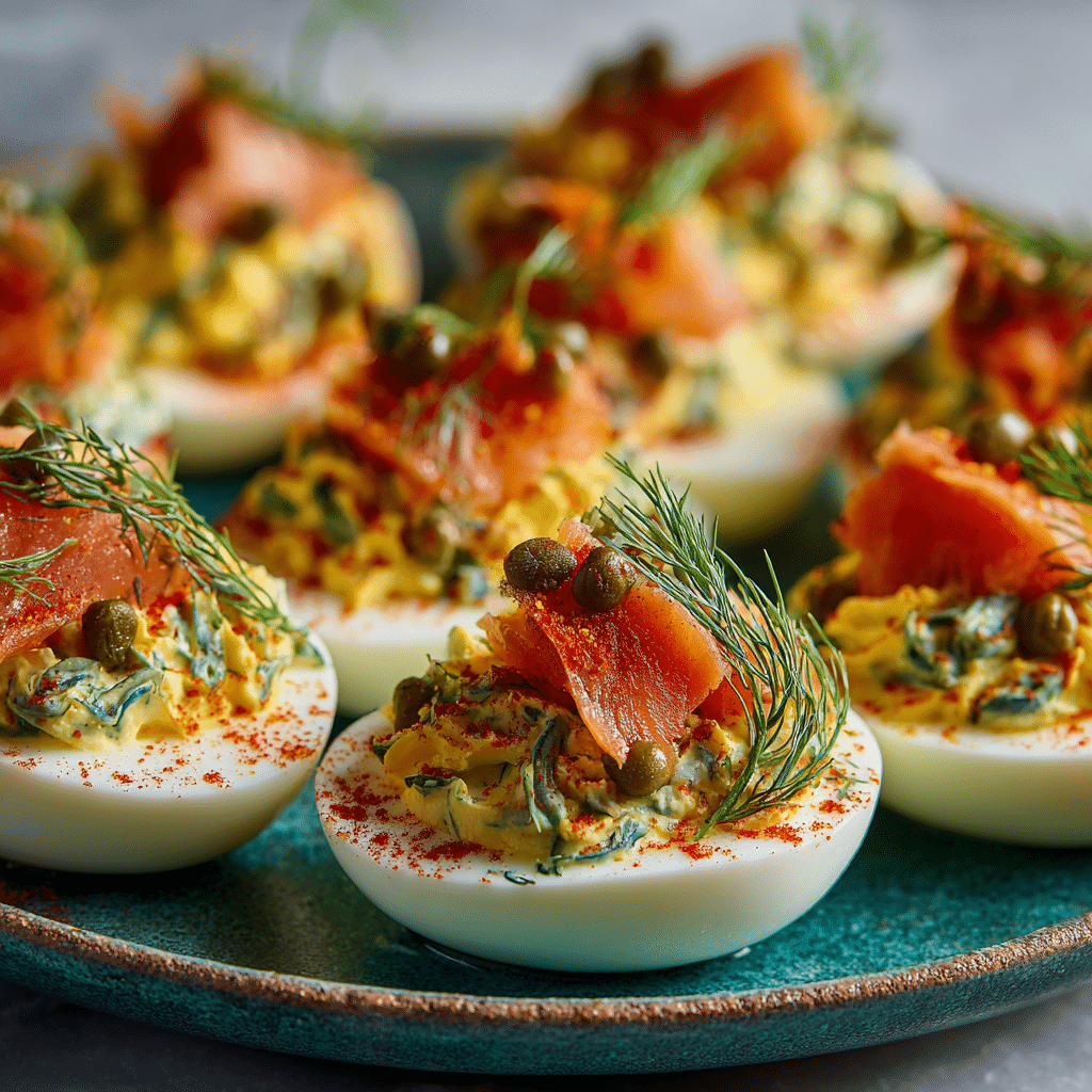 garnished smoked salmon deviled eggs with dill and capers