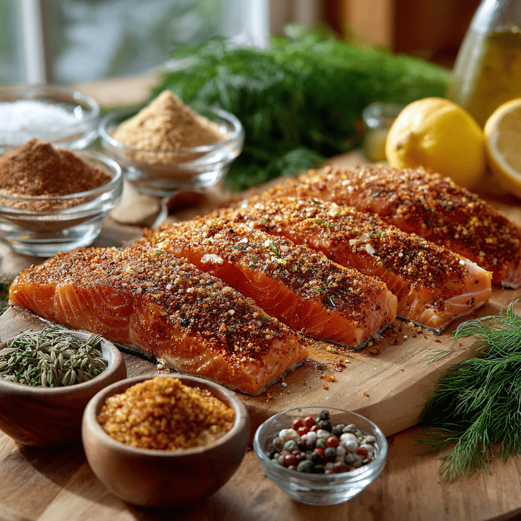 homemade smoked salmon rub on raw salmon fillet