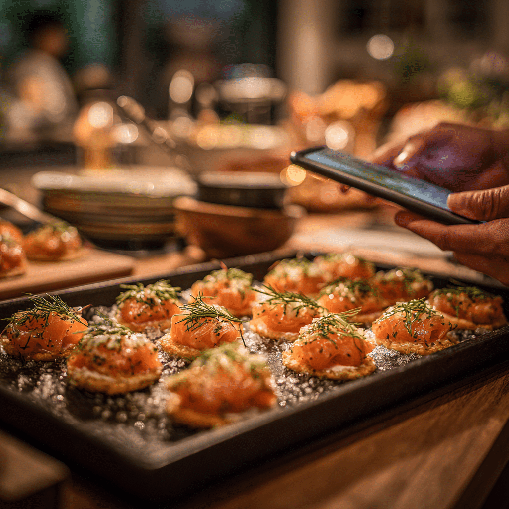 Host preparing easy smoked salmon appetizers for guests
