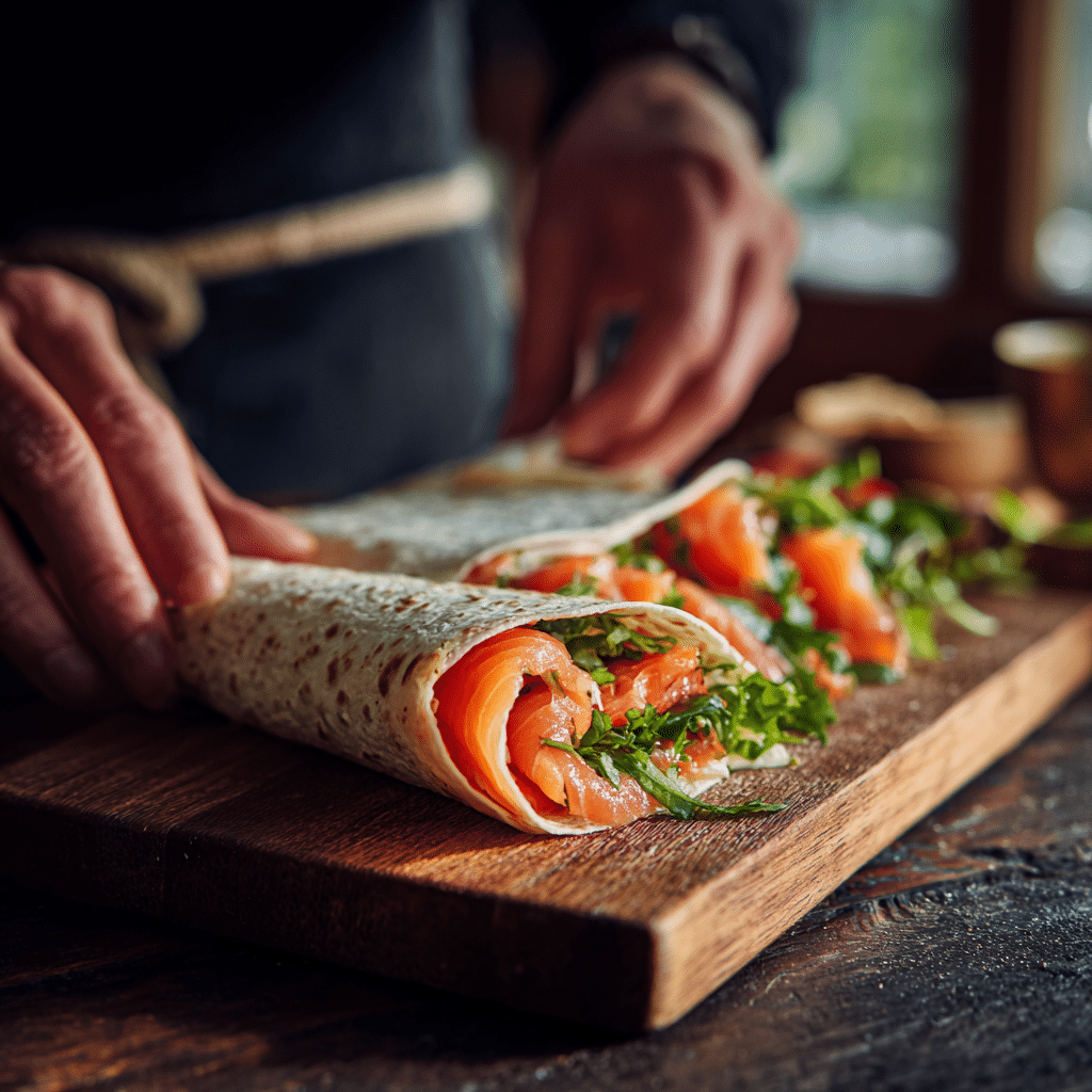 Rolling a smoked salmon veggie wrap step by step