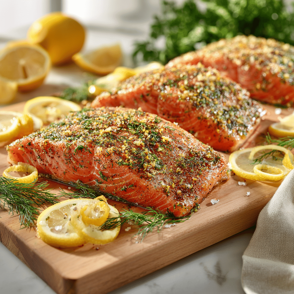 lemon herb smoked salmon rub on raw salmon fillet