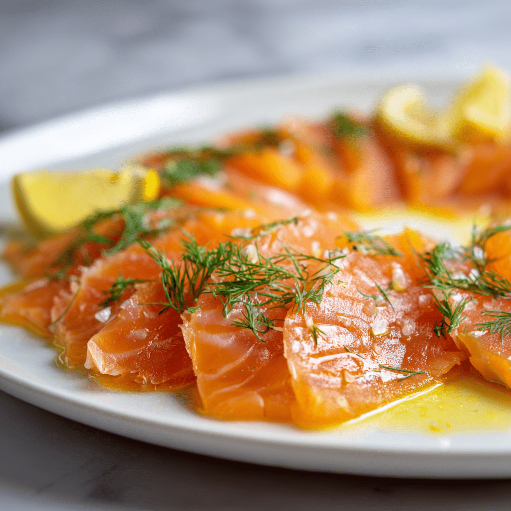 lightly smoked salmon recipe served with lemon and dill on white plate