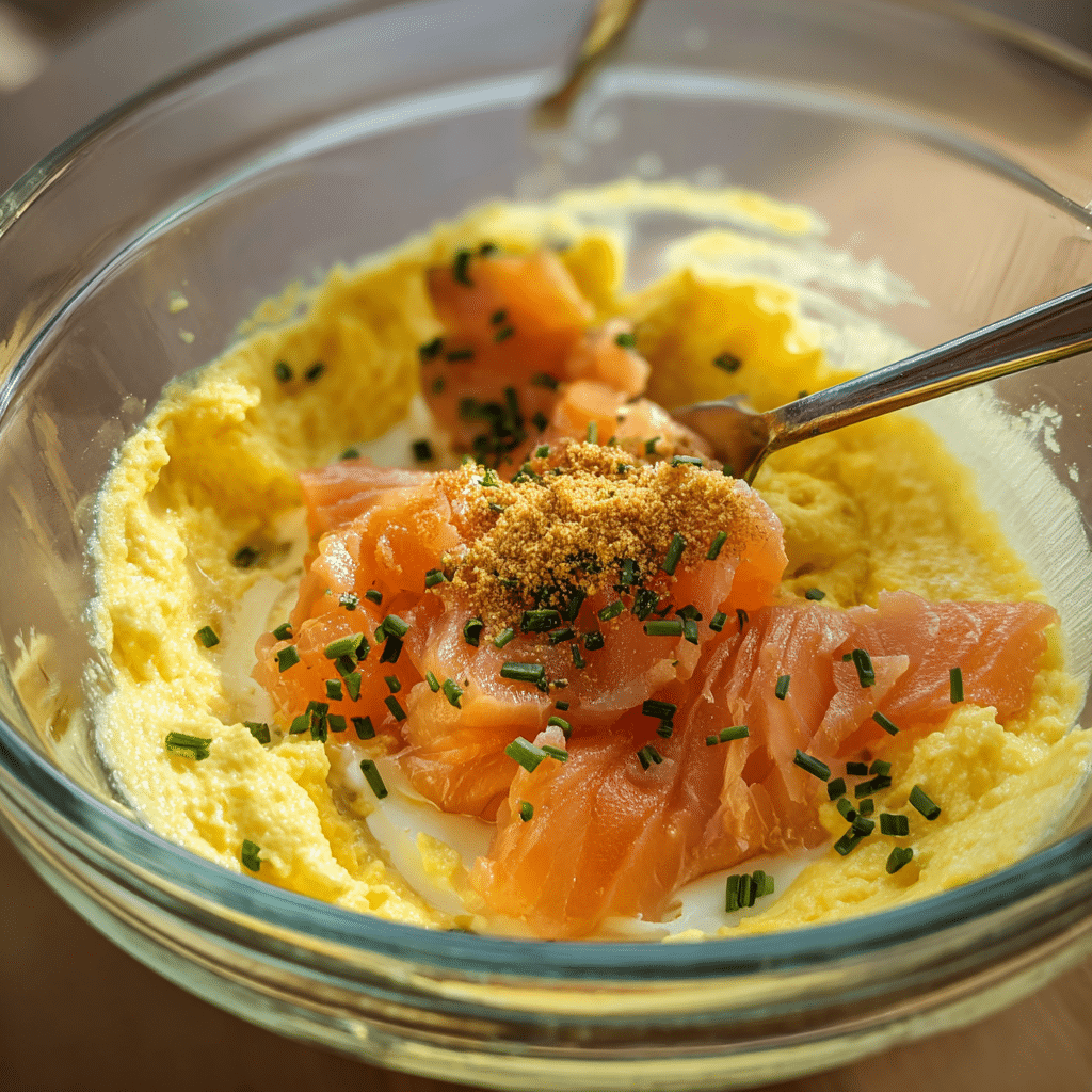 mixing yolks and smoked salmon for deviled eggs filling