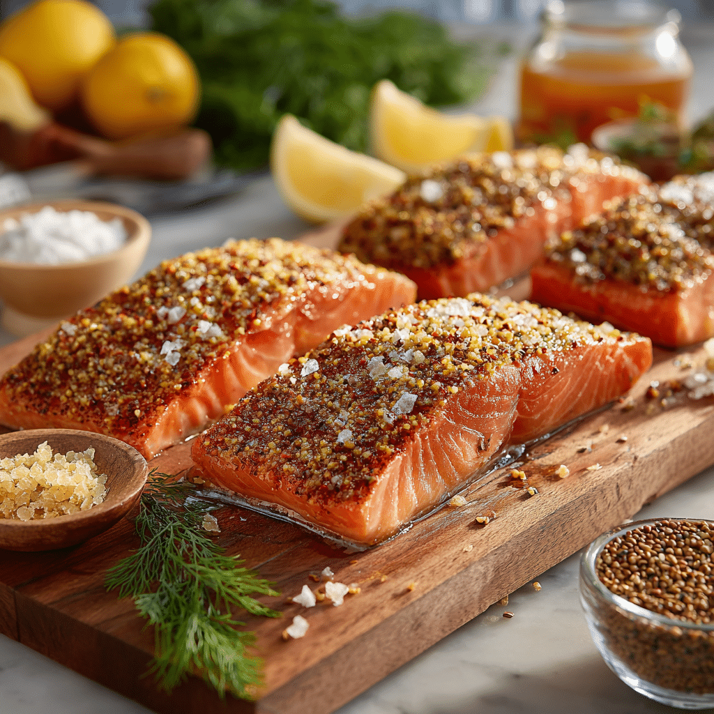 maple mustard smoked salmon rub on raw salmon fillet