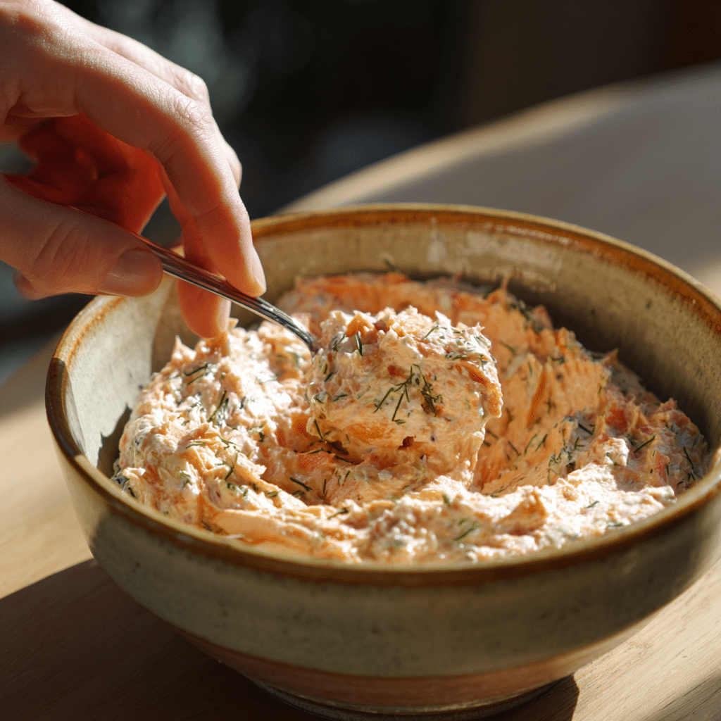 mixing creamy smoked salmon dip in bowl