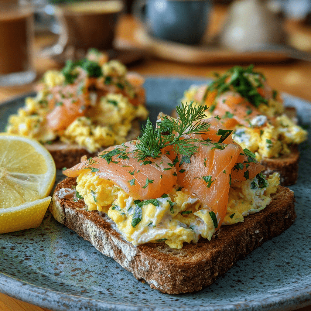Plated smoked salmon sour cream scrambled eggs on toast