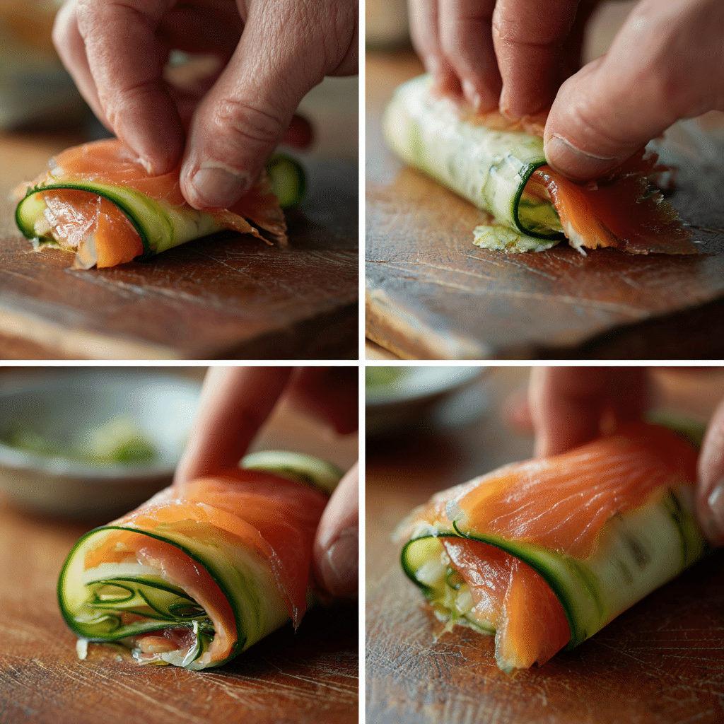 Rolling a smoked salmon cucumber wrap with cucumber and cream cheese