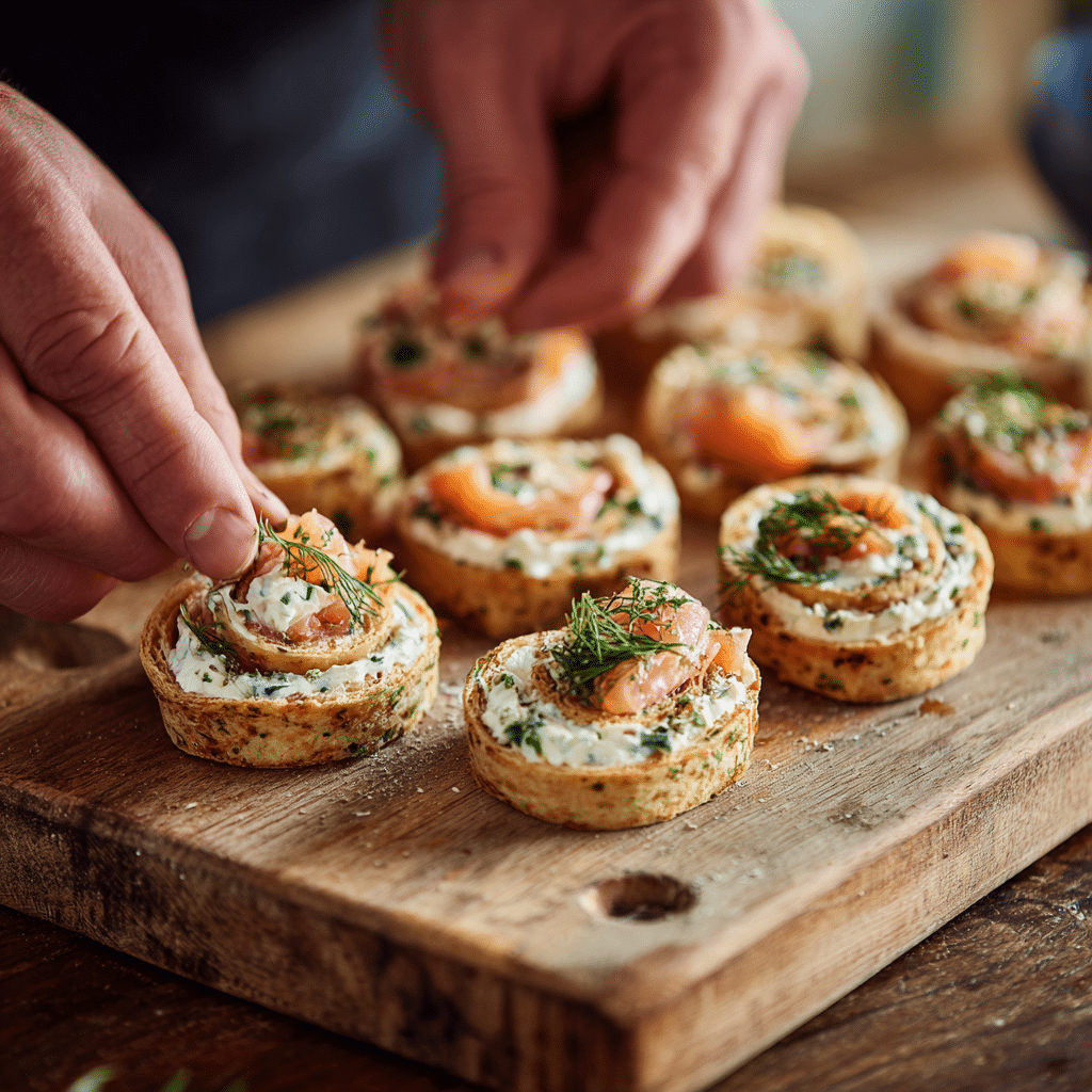 Smoked Salmon Pinwheel Appetizers: A Flavorful and Elegant Party Favorite 3 Rolling smoked salmon pinwheel appetizers step-by-step