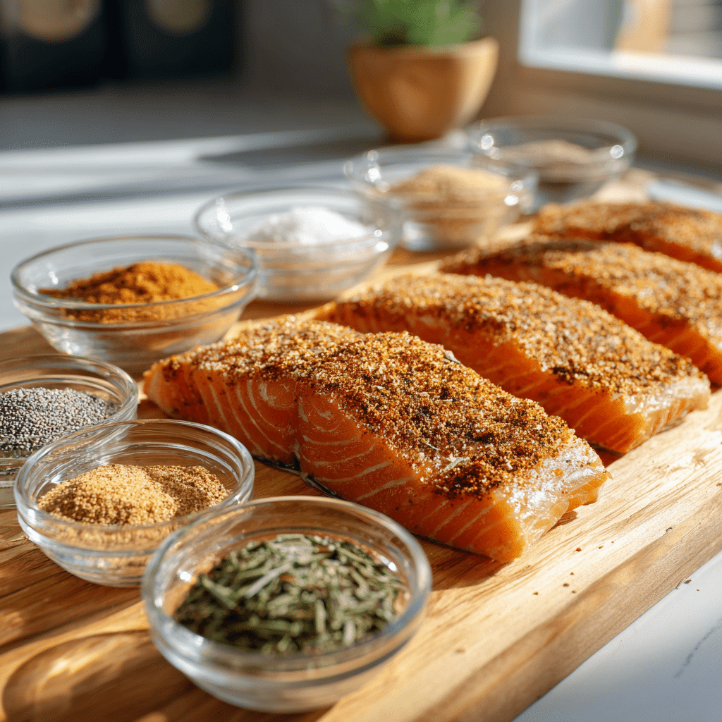salmon dry rub recipe on raw salmon fillet