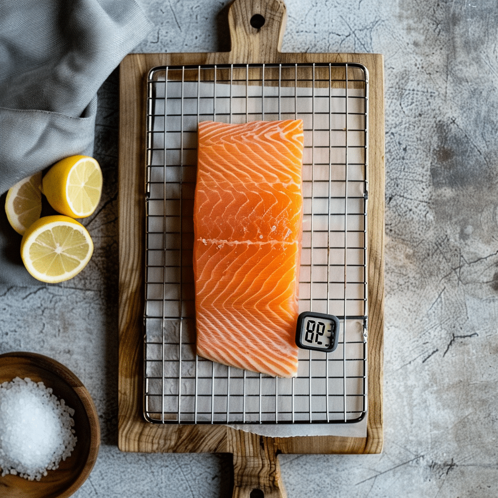 salmon smoking temperature shown with digital thermometer