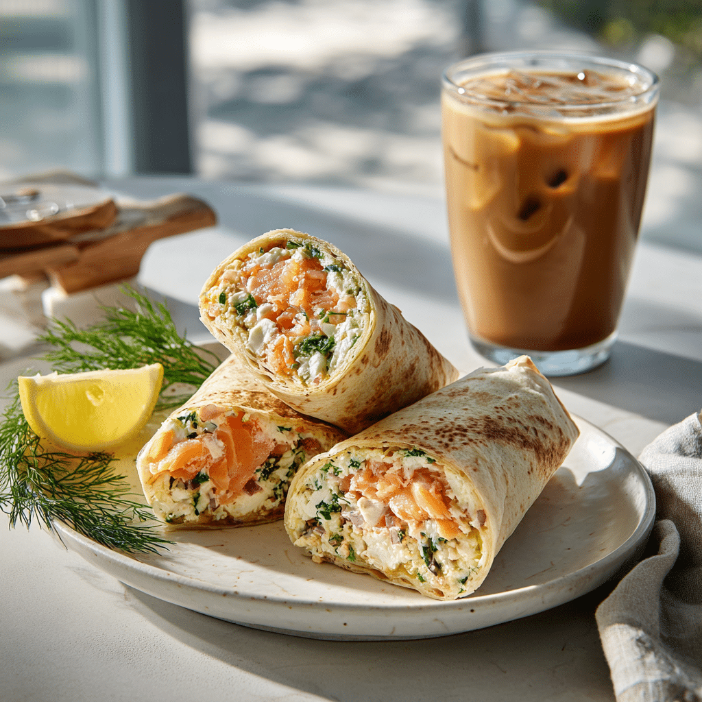 Smoked salmon feta wrap served with lemon and dill