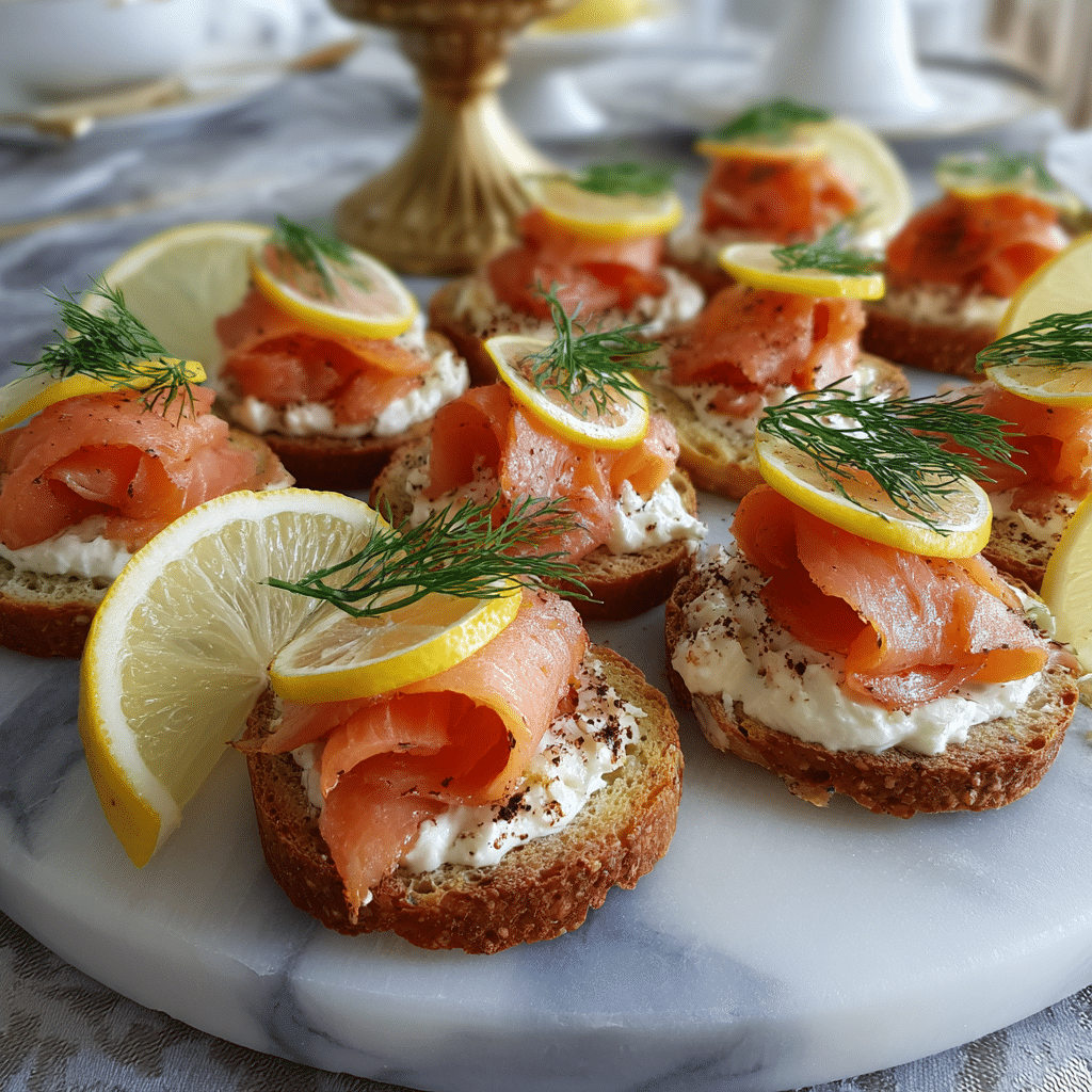 Smoked salmon canapés served on marble platter with lemon