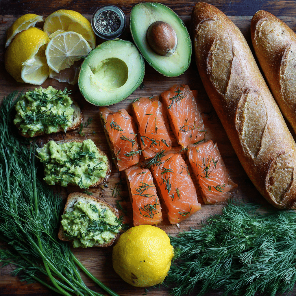 ingredients for smoked salmon avocado crostini with fresh avocado and salmon