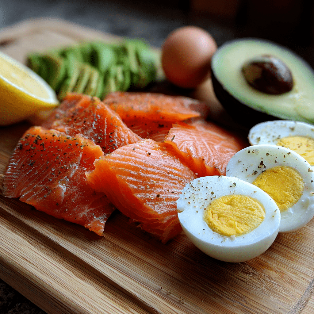 Fresh ingredients for smoked salmon avocado scrambled eggs