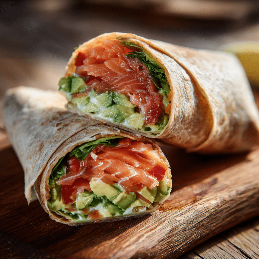 smoked salmon avocado wrap on wooden table