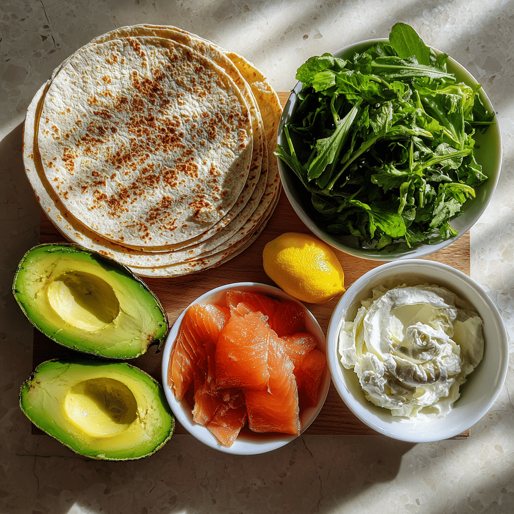 ingredients for smoked salmon avocado wrap