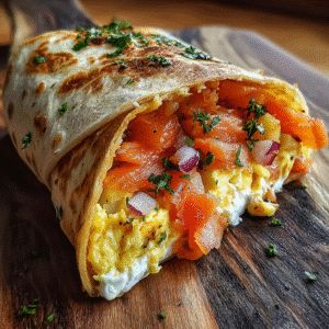 Smoked Salmon Breakfast Burrito – A Flavor-Packed Morning Favorite 2 smoked salmon breakfast burrito with eggs and cream cheese wrap