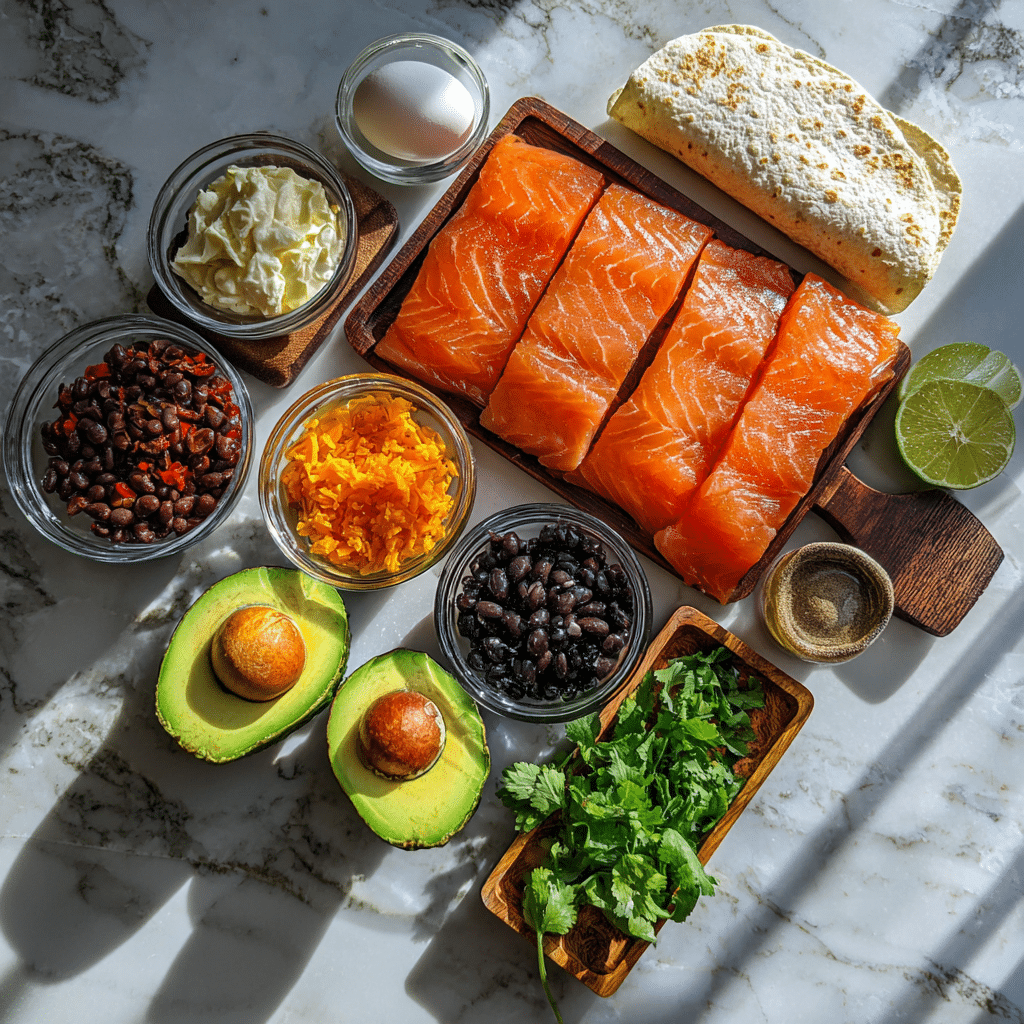 Smoked Salmon Breakfast Burrito – A Flavor-Packed Morning Favorite 3 ingredients for smoked salmon breakfast burrito with salmon, eggs, and cream cheese