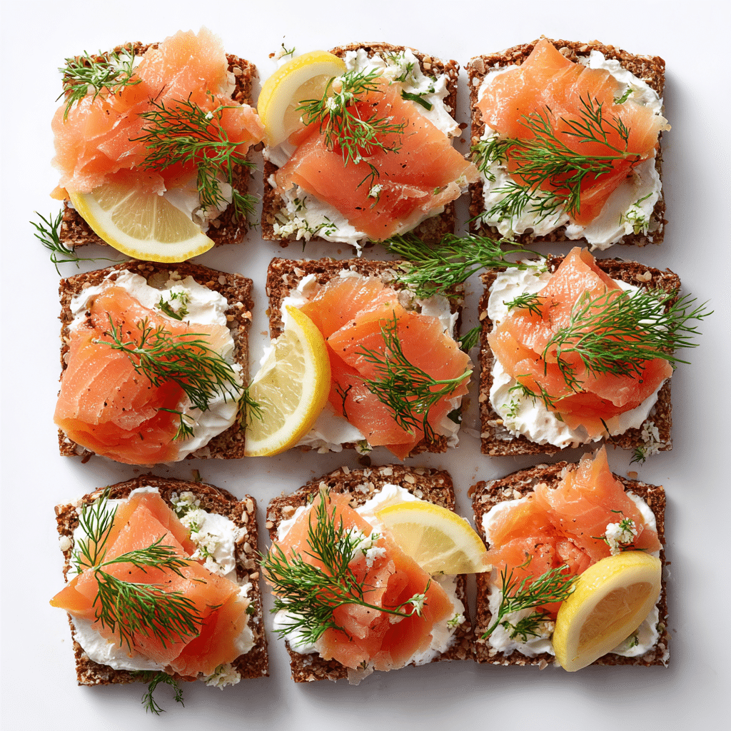 Ingredients for smoked salmon canapés on white background
