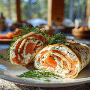 smoked salmon cream cheese wrap on a breakfast plate