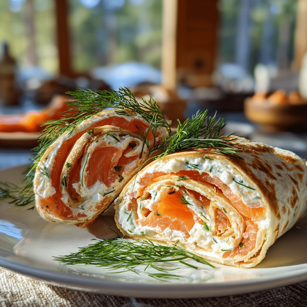 smoked salmon cream cheese wrap on a breakfast plate