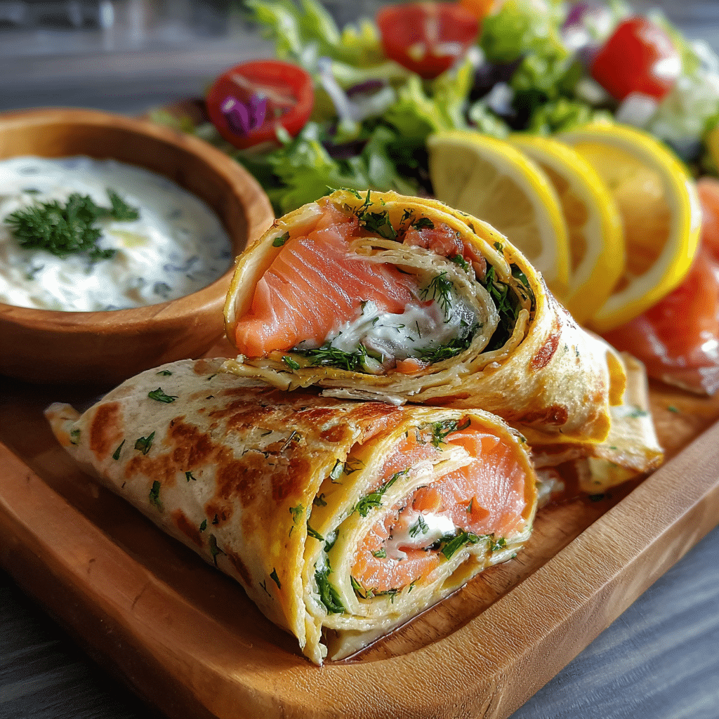 serving smoked salmon cream cheese wrap with sides