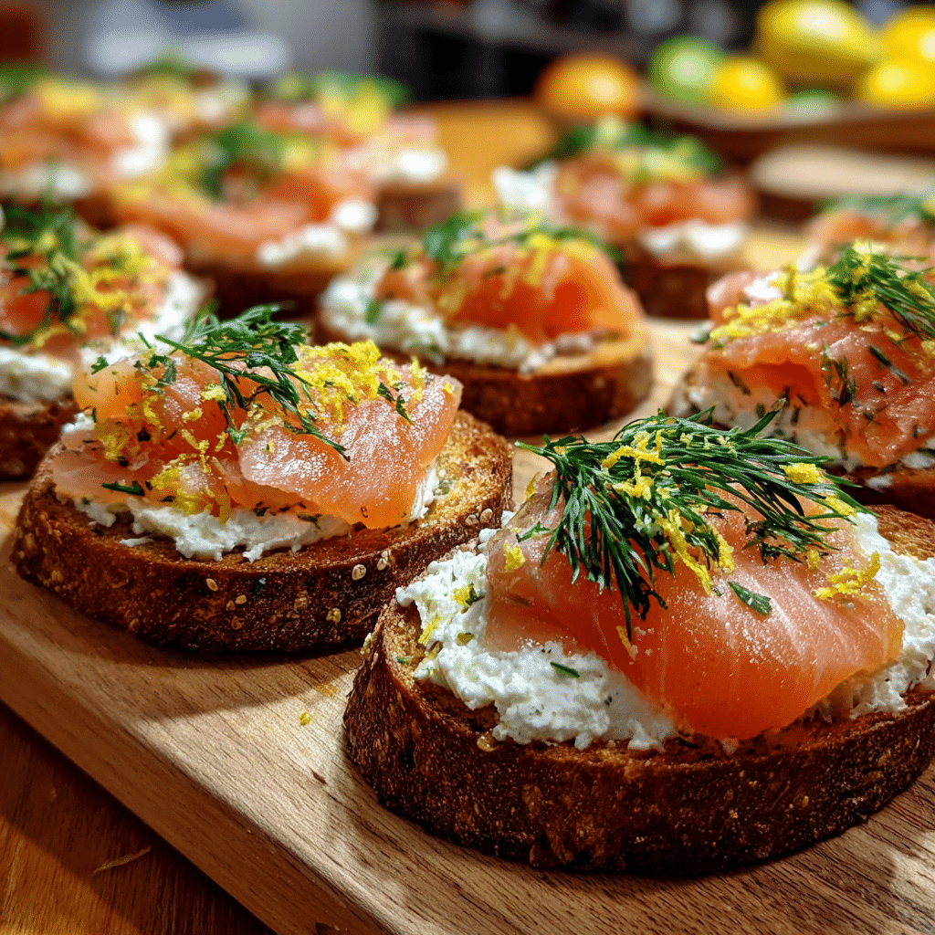 smoked salmon crostini appetizer on wooden board