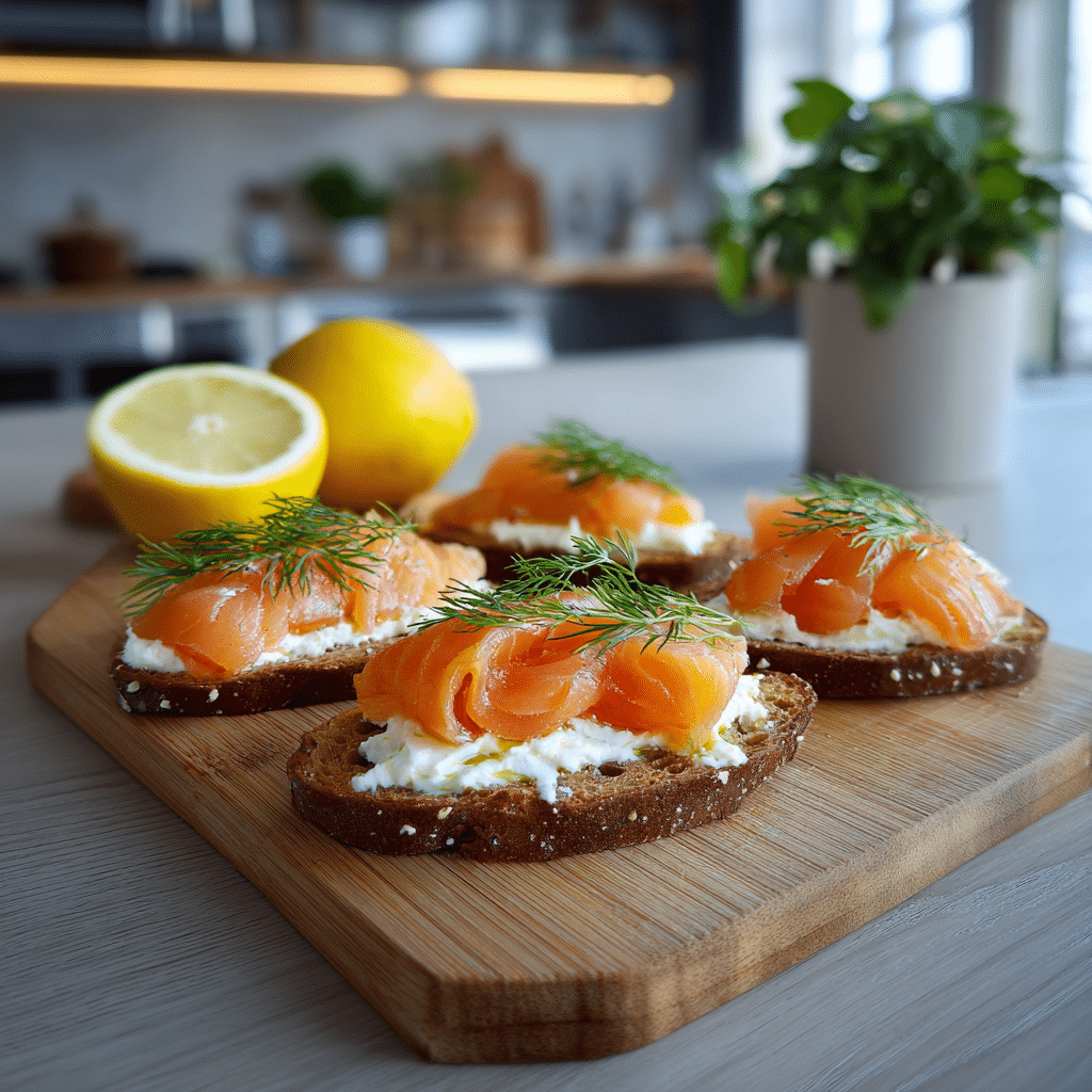 Easy Smoked Salmon Crostini: The Elegant Appetizer Anyone Can Make 4 toasted baguette slices for easy smoked salmon crostini on baking tray