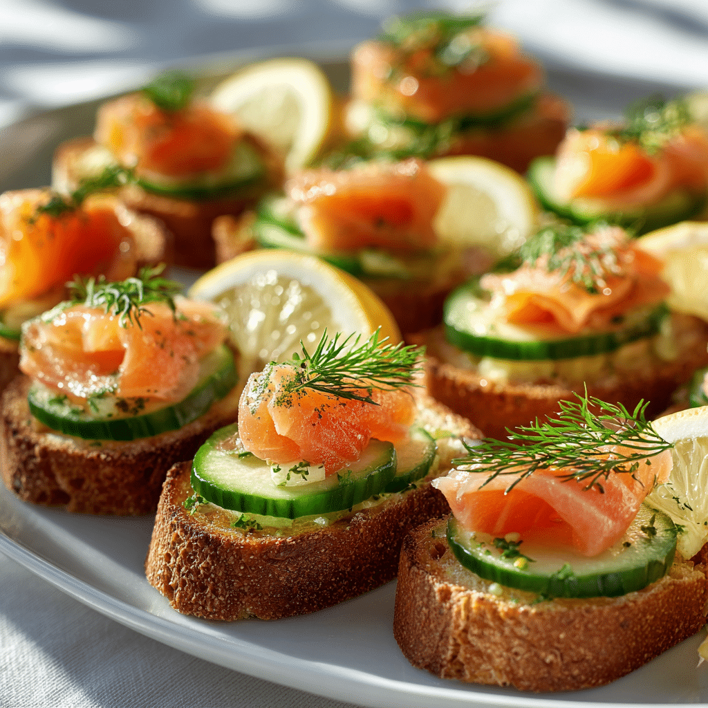 plated smoked salmon cucumber crostini appetizer platter