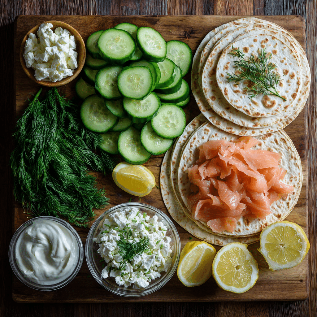 Ingredients for smoked salmon cucumber wrap arranged on a wooden board