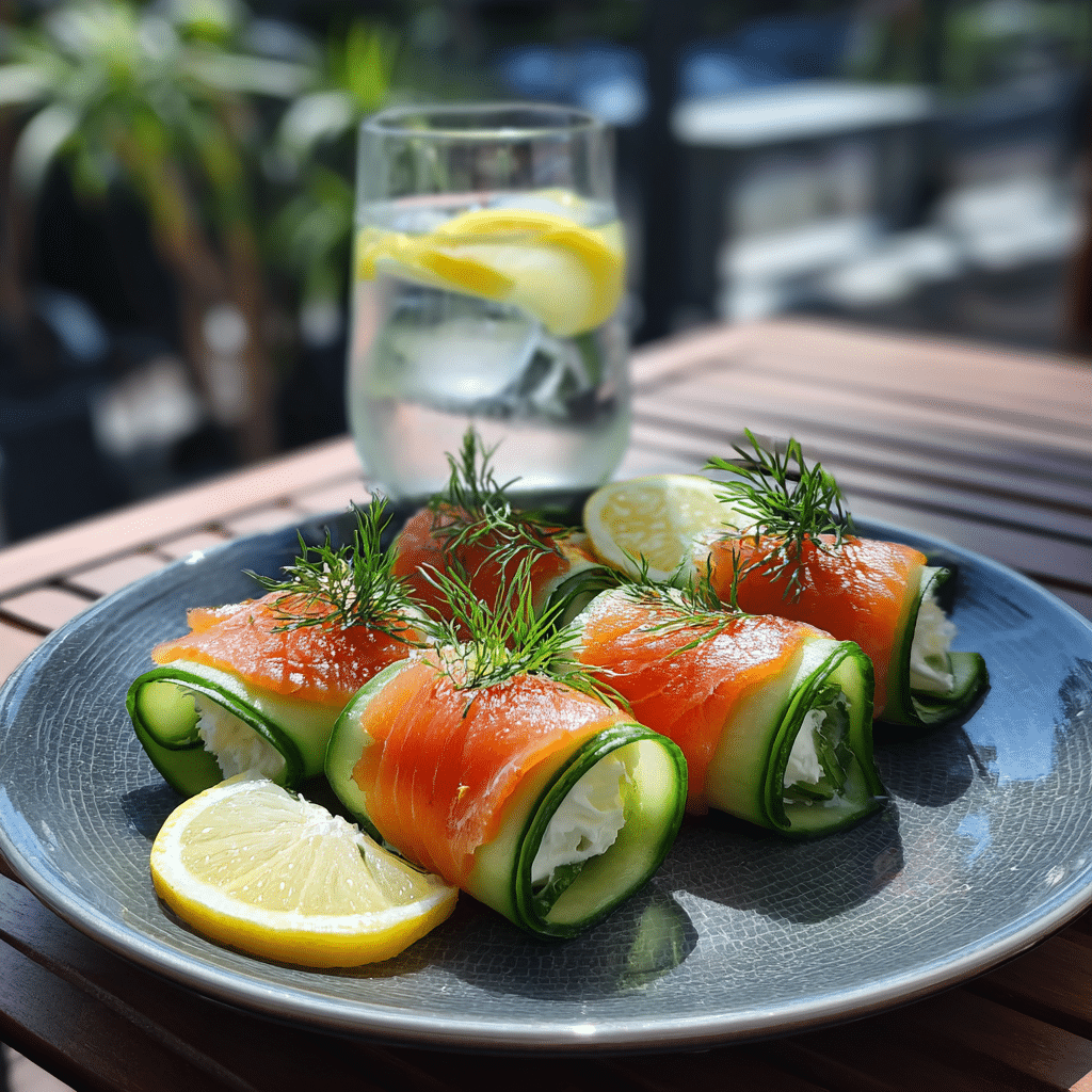 Smoked salmon cucumber wraps served with lemon and dill