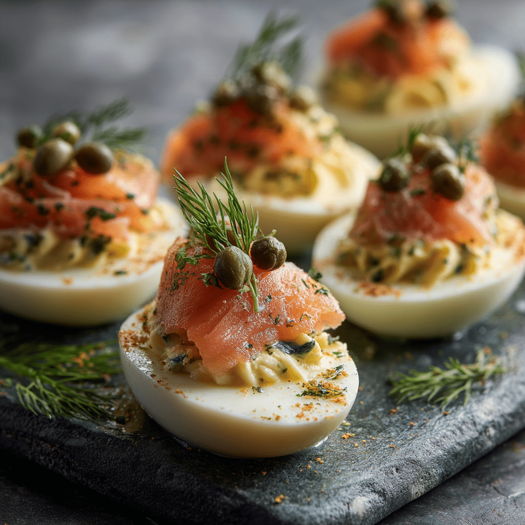 smoked salmon deviled eggs served with dill and capers