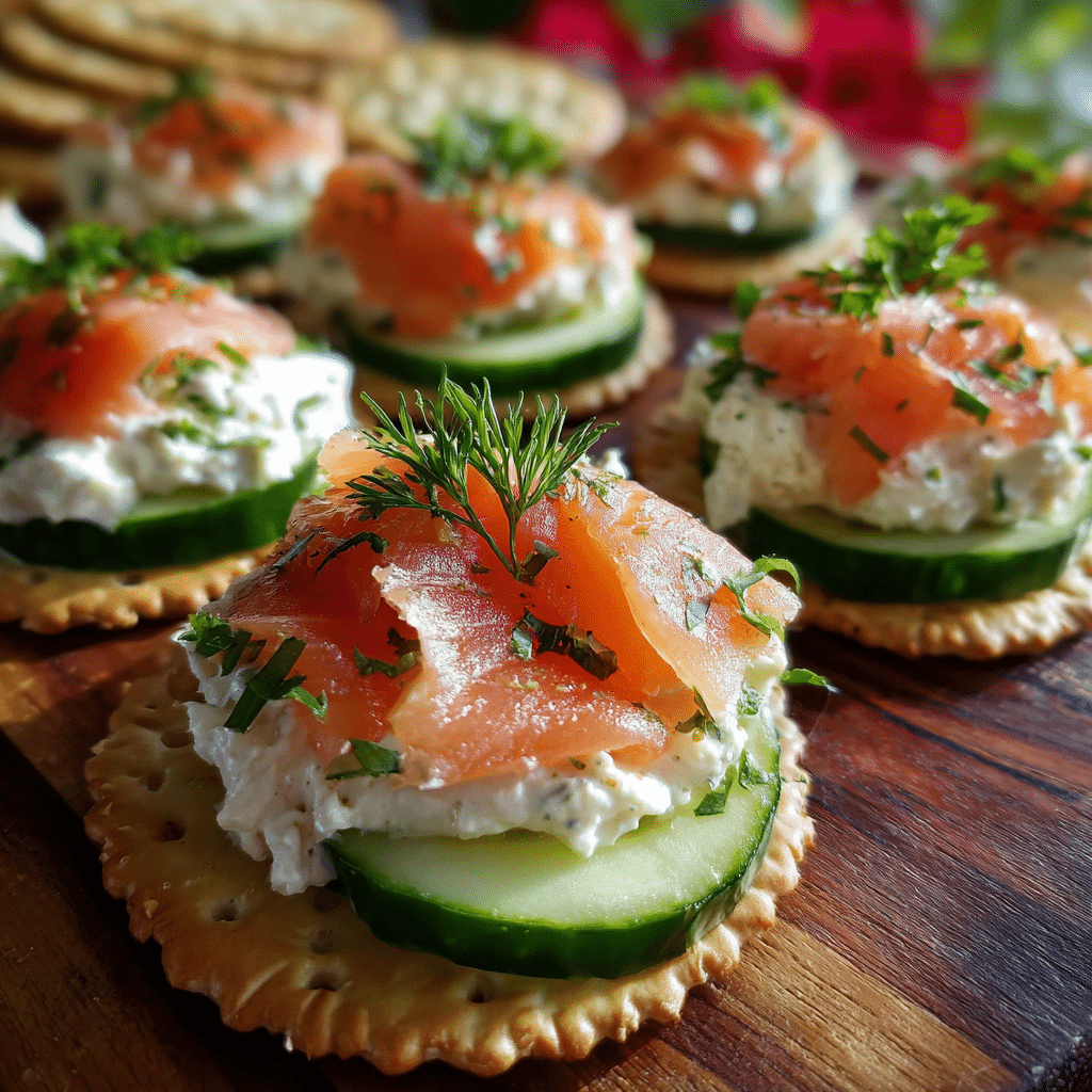 smoked salmon dip served on crackers and cucumber slices