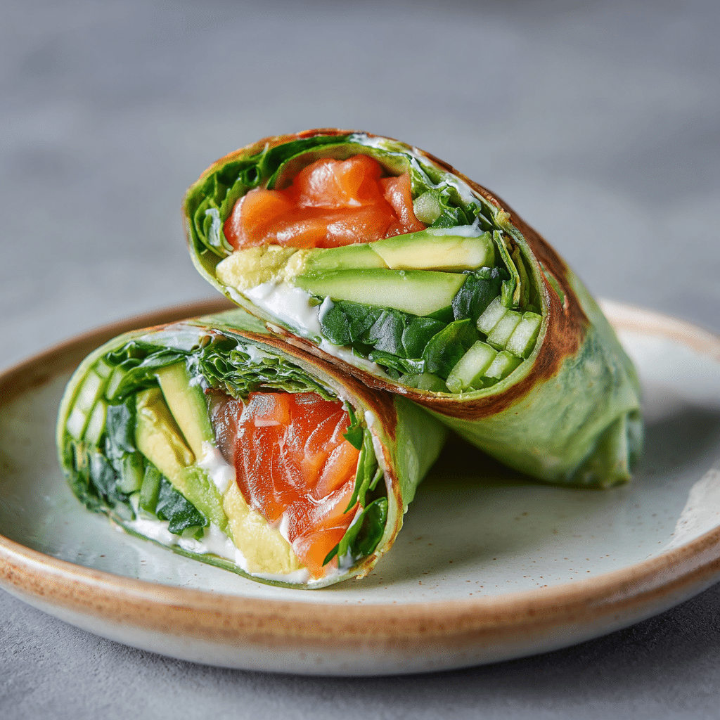 smoked salmon egg white wrap with avocado and spinach