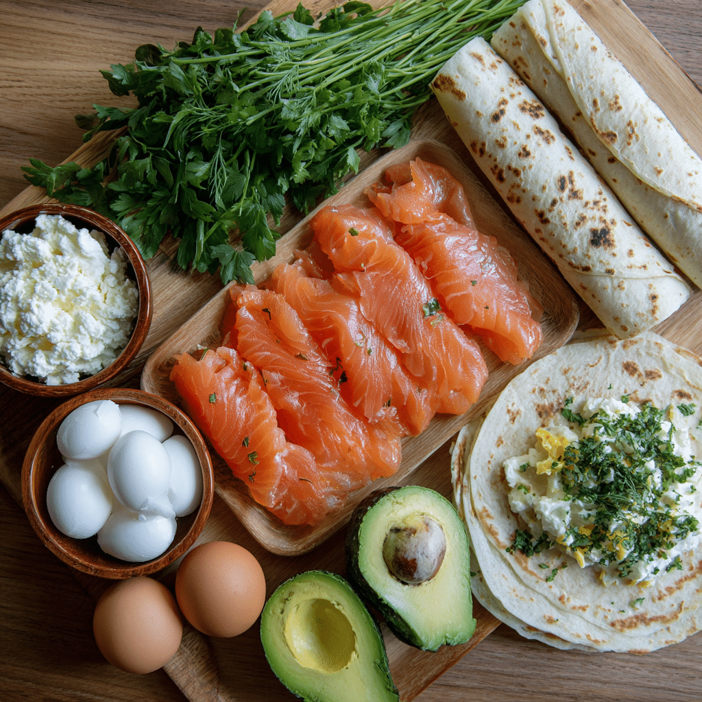 smoked salmon egg wrap ingredients on kitchen table
