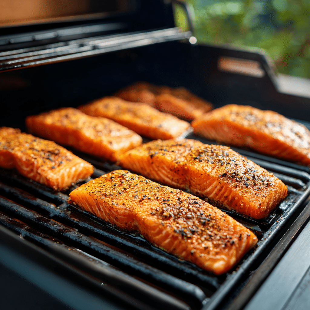 smoked salmon recipe Traeger grill preparation with seasoned fillets