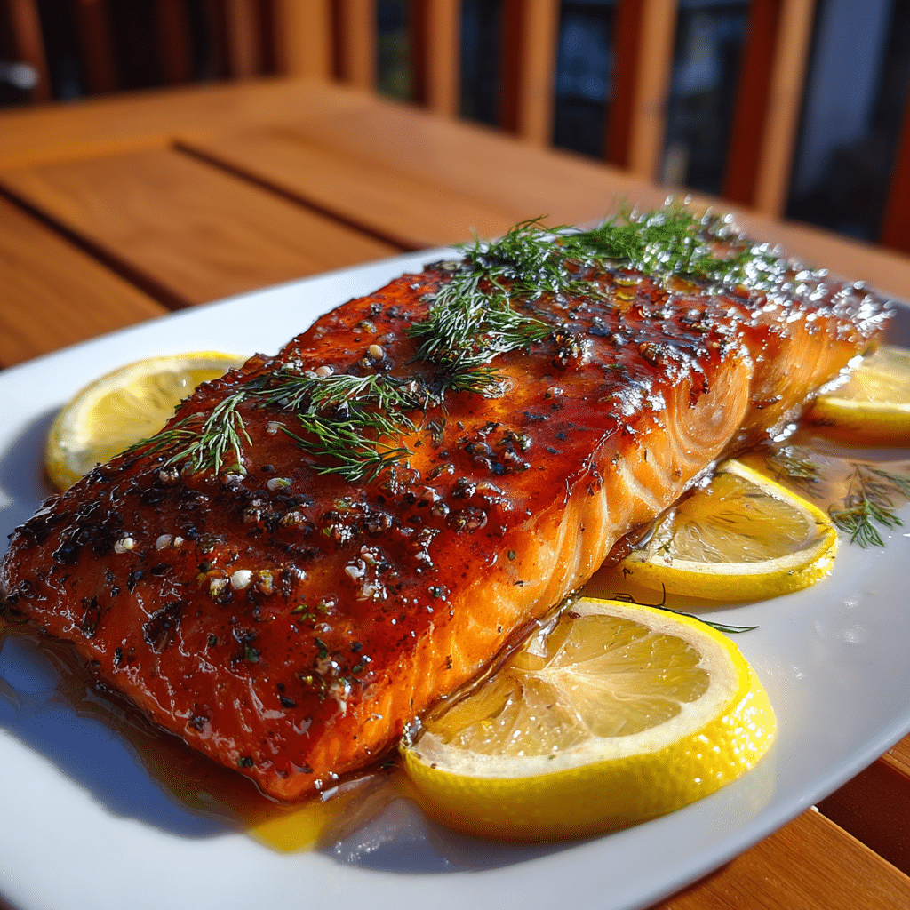 Smoked salmon recipe Traeger grill with lemon and dill garnish