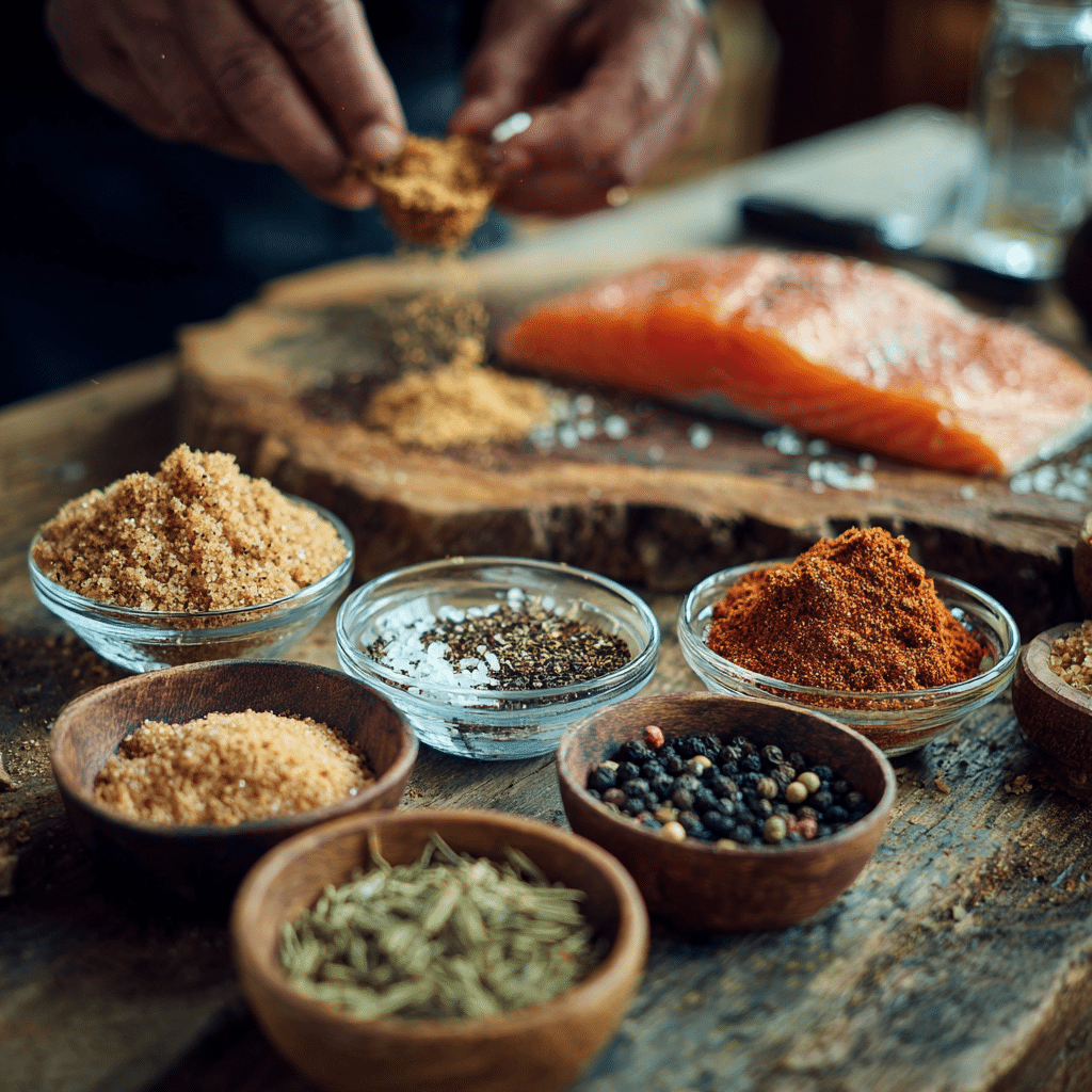 smoked salmon rub recipe ingredients and preparation on wooden table