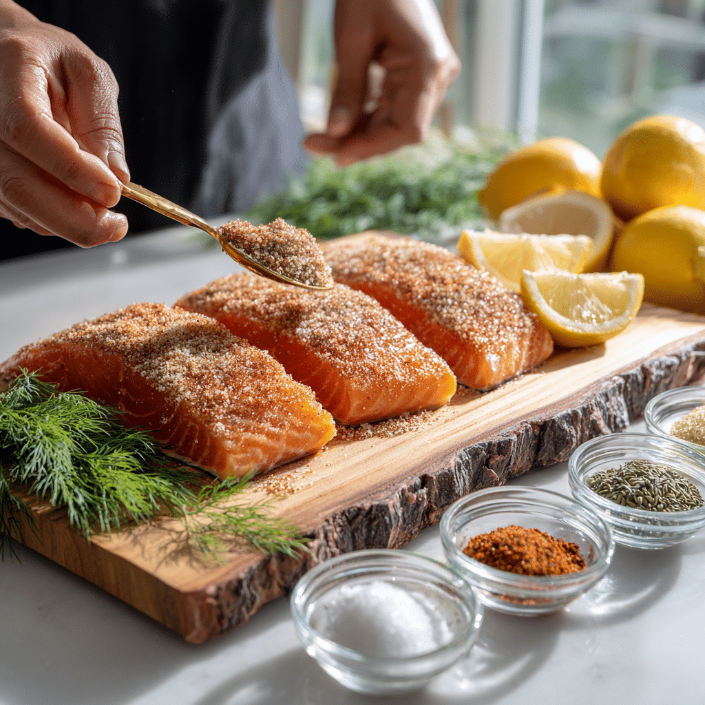 smoked salmon rub recipe on raw salmon fillet