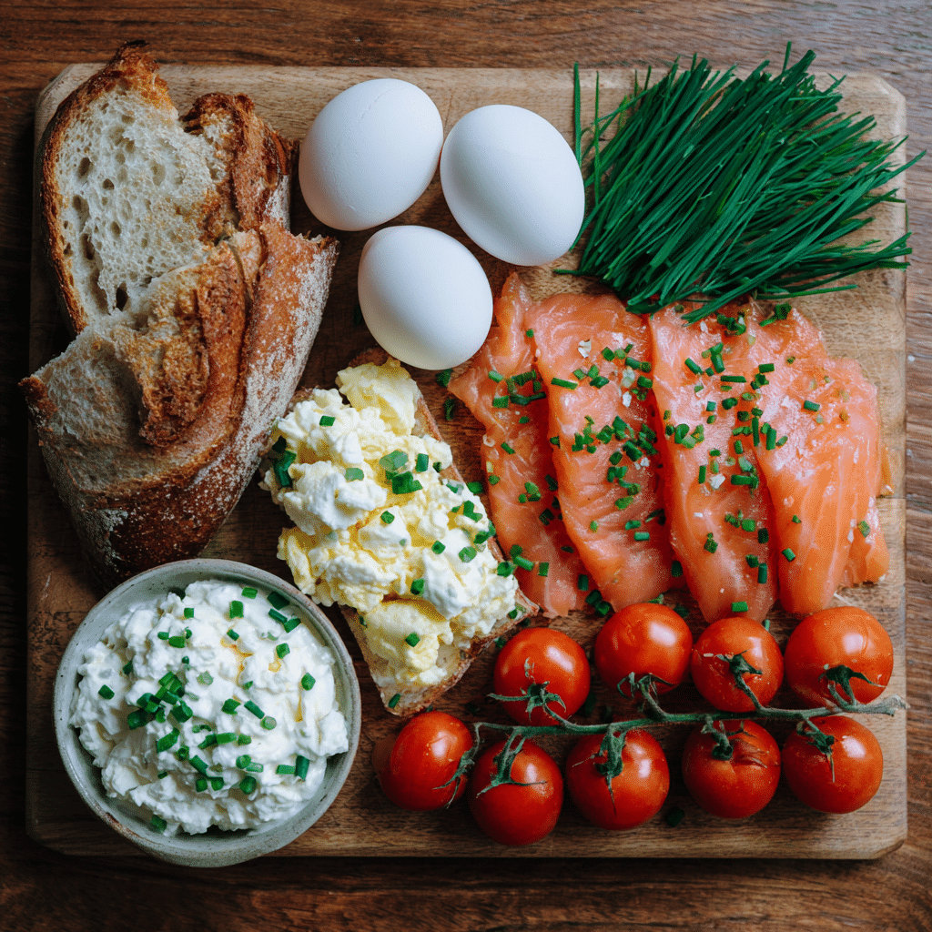 ingredients for smoked salmon scrambled eggs on toast