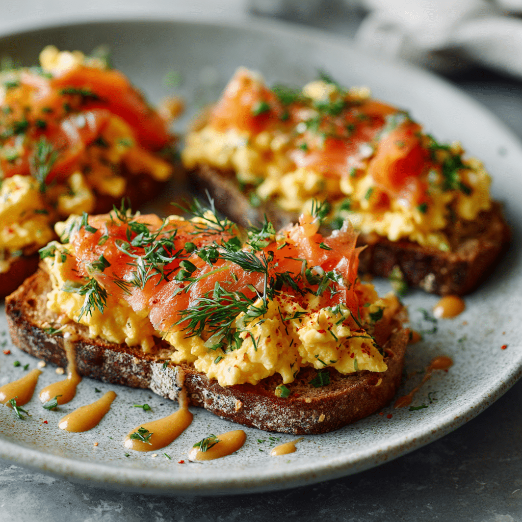plated smoked salmon scrambled eggs on toast with dill and chives