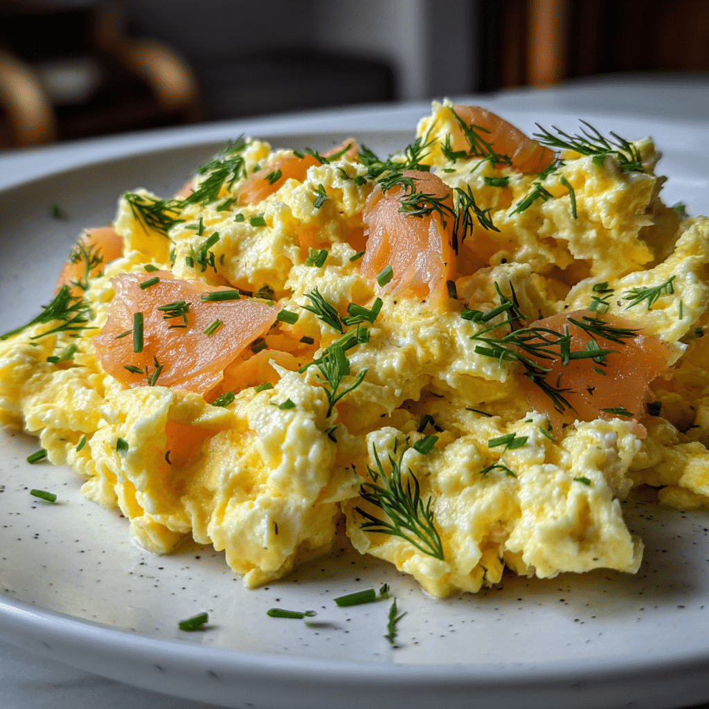Smoked salmon sour cream scrambled eggs breakfast plate